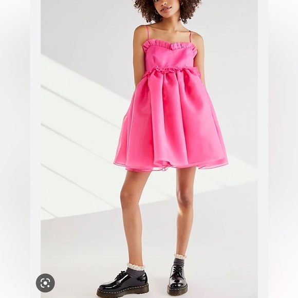 Free People SELKIE The Cali Rosebud Puff Ruffles babydoll Mini Dress Neon Pink S - Picture 3 of 7